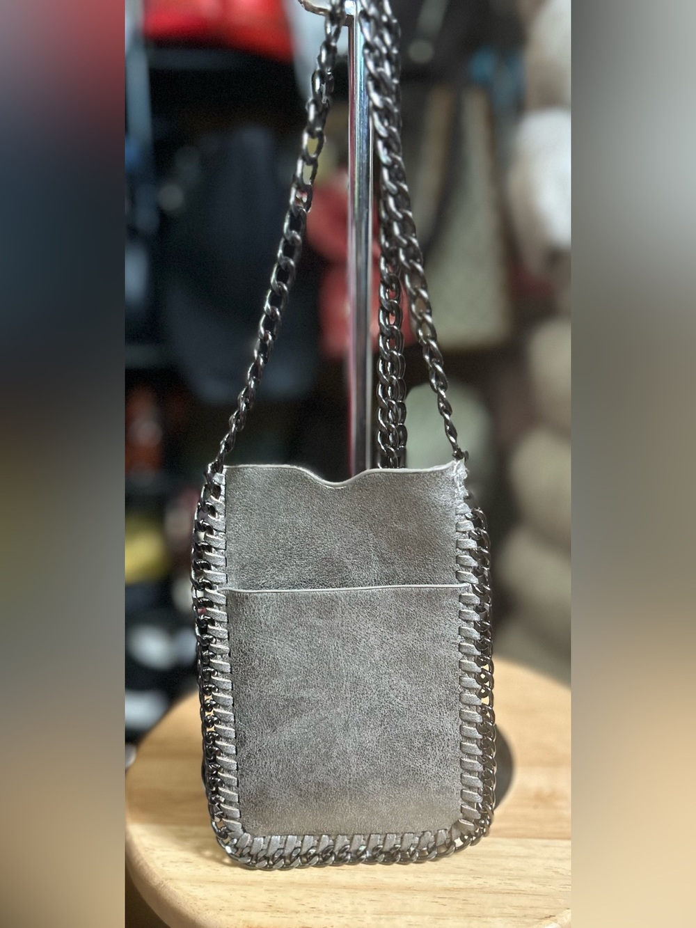 Inspired Silver Metallic Xbody Phone Purse w Gunmetal Chain & Trim